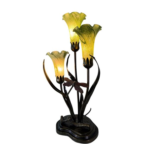 Vintage Dale Tiffany 3-Light Lily Lamp w/ Dragonfly - Picture 8 of 9